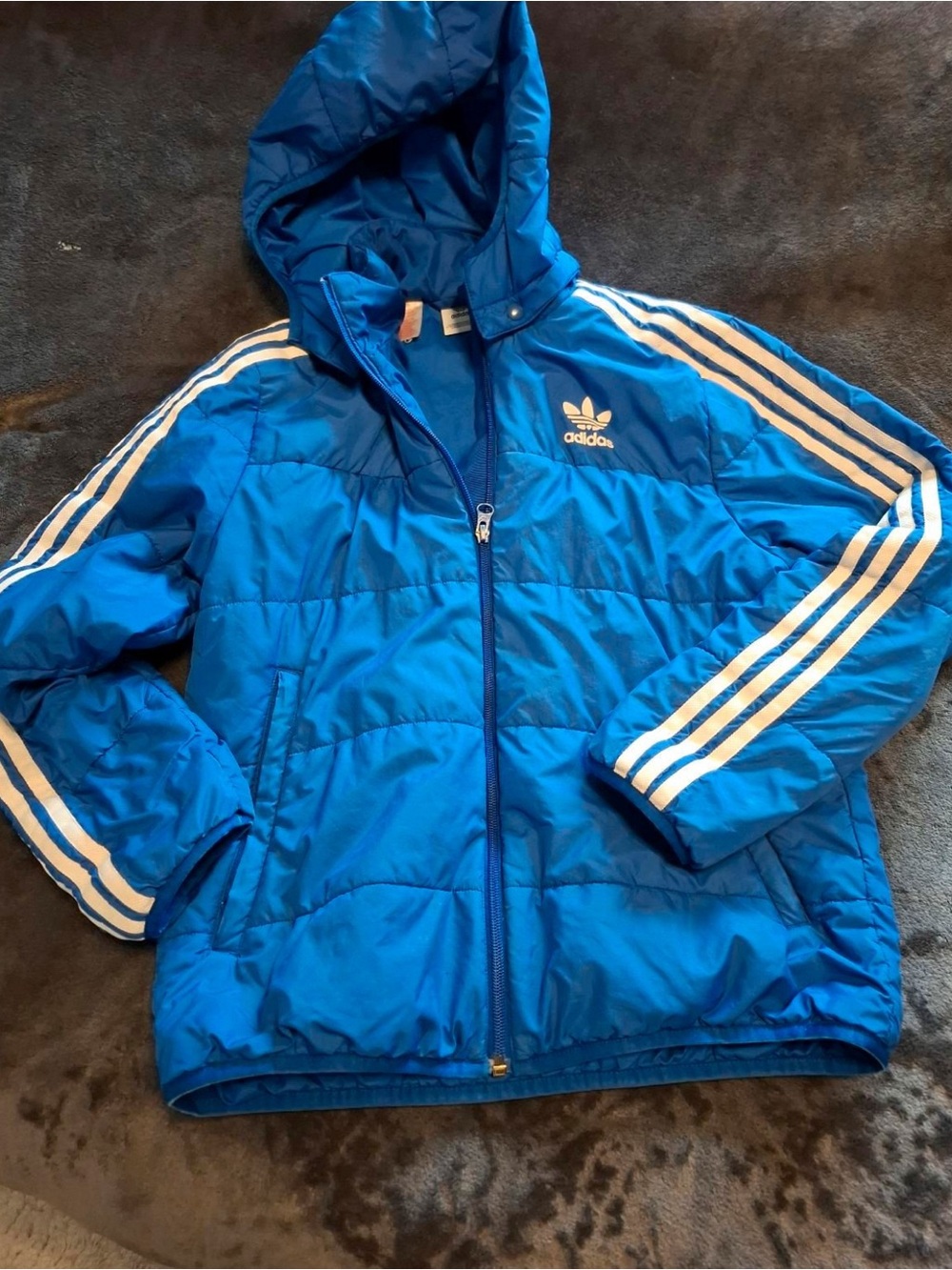 adidas Kids Bright Blue Hooded Puffer Jacket with White Stripes